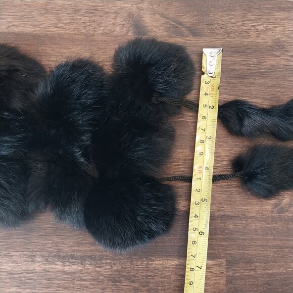 100% Genuine Rabbit Fur Scarf Black Long 71" x 7" Pompons Tassel Authentic Soft - Picture 3 of 9